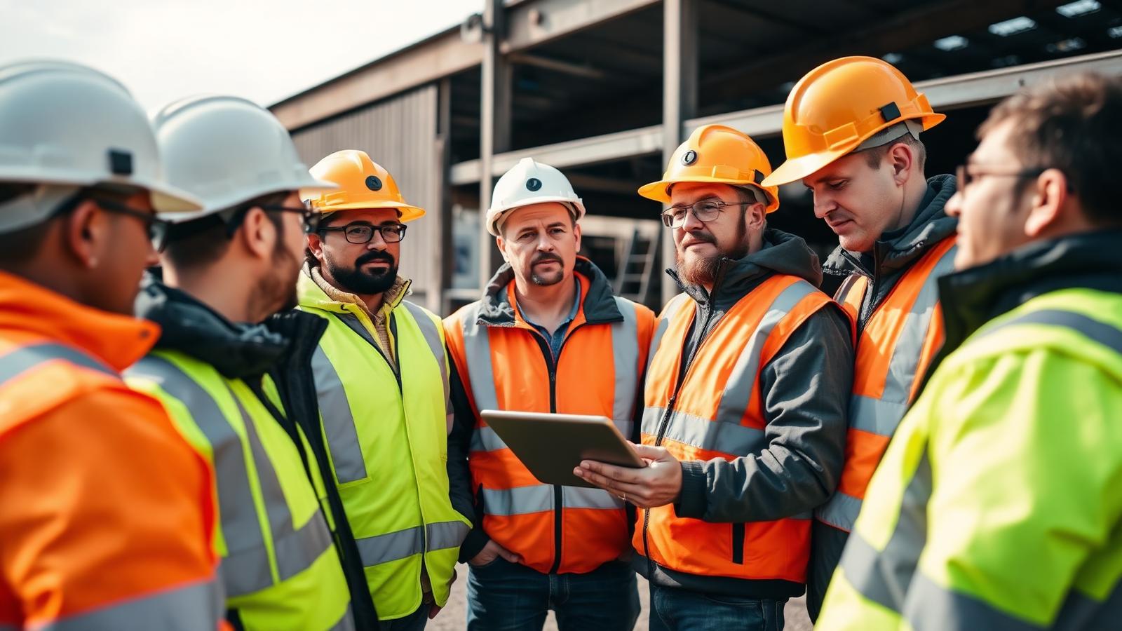 Multilingual crew of Australian construction workers in a toolbox talk with a supervisor